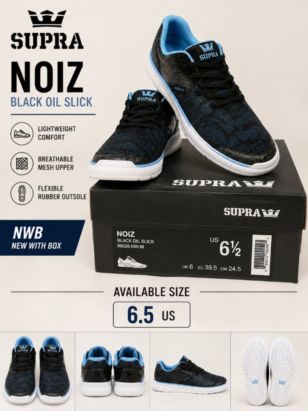 NWB Supra Noiz Sneakers Black Oil Slick Unisex Shoes Size 6.5 Authentic